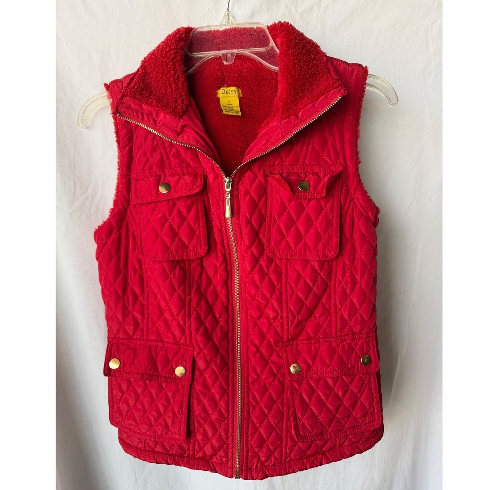 Daisy Quilted Puffer Vest Red Sherpa Utility Pockets Gorpcore Holiday Cozy Small